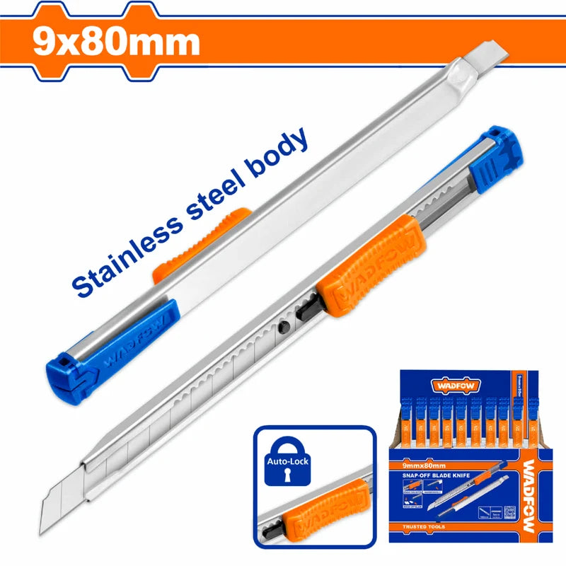 Exacto Con Cuerpo De Acero Inoxidable. 9X80mm. Bloqueo Automático. Con Pulsador Plano WSK1509