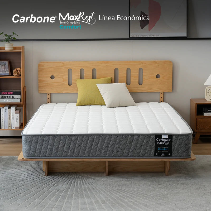 Colchones Semi-Ortopédicos Empacados Al Vacío Max Rest. Línea Económica Con Resortes, 23Cm (9") Espesor. Textil Bekaert Deslee Original De Belgica Nivel De Firmeza 5. CARBONE