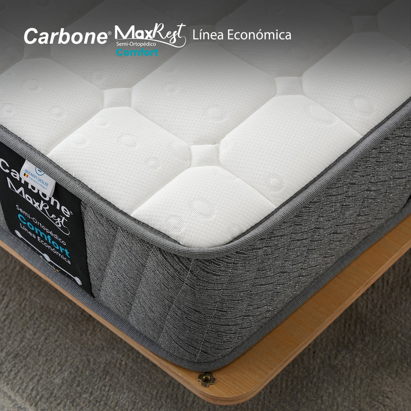 Colchones Semi-Ortopédicos Empacados Al Vacío Max Rest. Línea Económica Con Resortes, 23Cm (9") Espesor. Textil Bekaert Deslee Original De Belgica Nivel De Firmeza 5. CARBONE