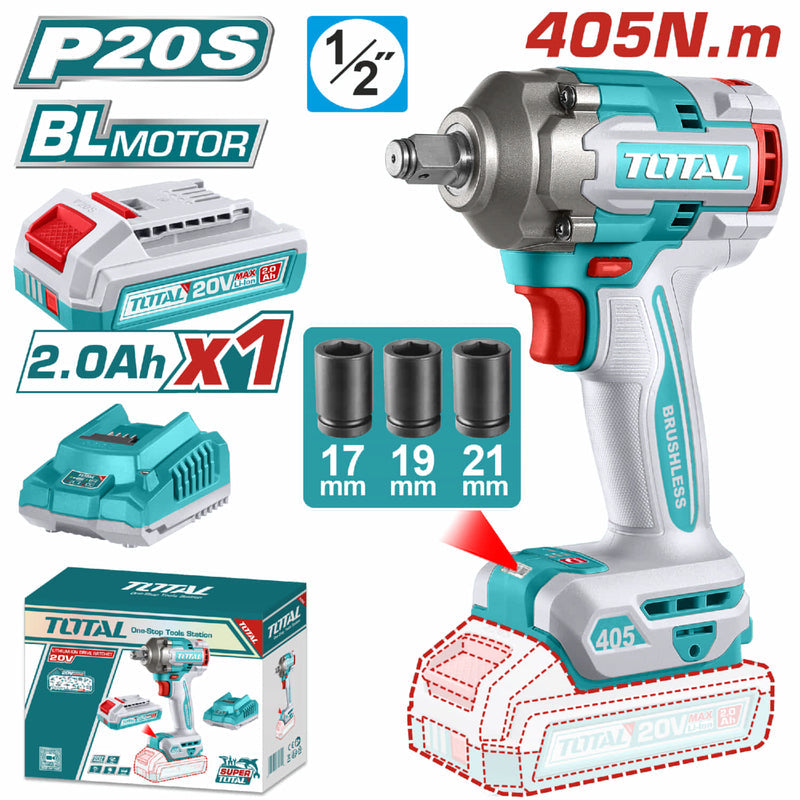 Llave Impacto Dado Cuadrado 1/2" 20V Motor Sin Escobillas 405Nm 0-3000 Bpm 1 Batería Y 1 Cargador. UTIWLI20455 TOTAL