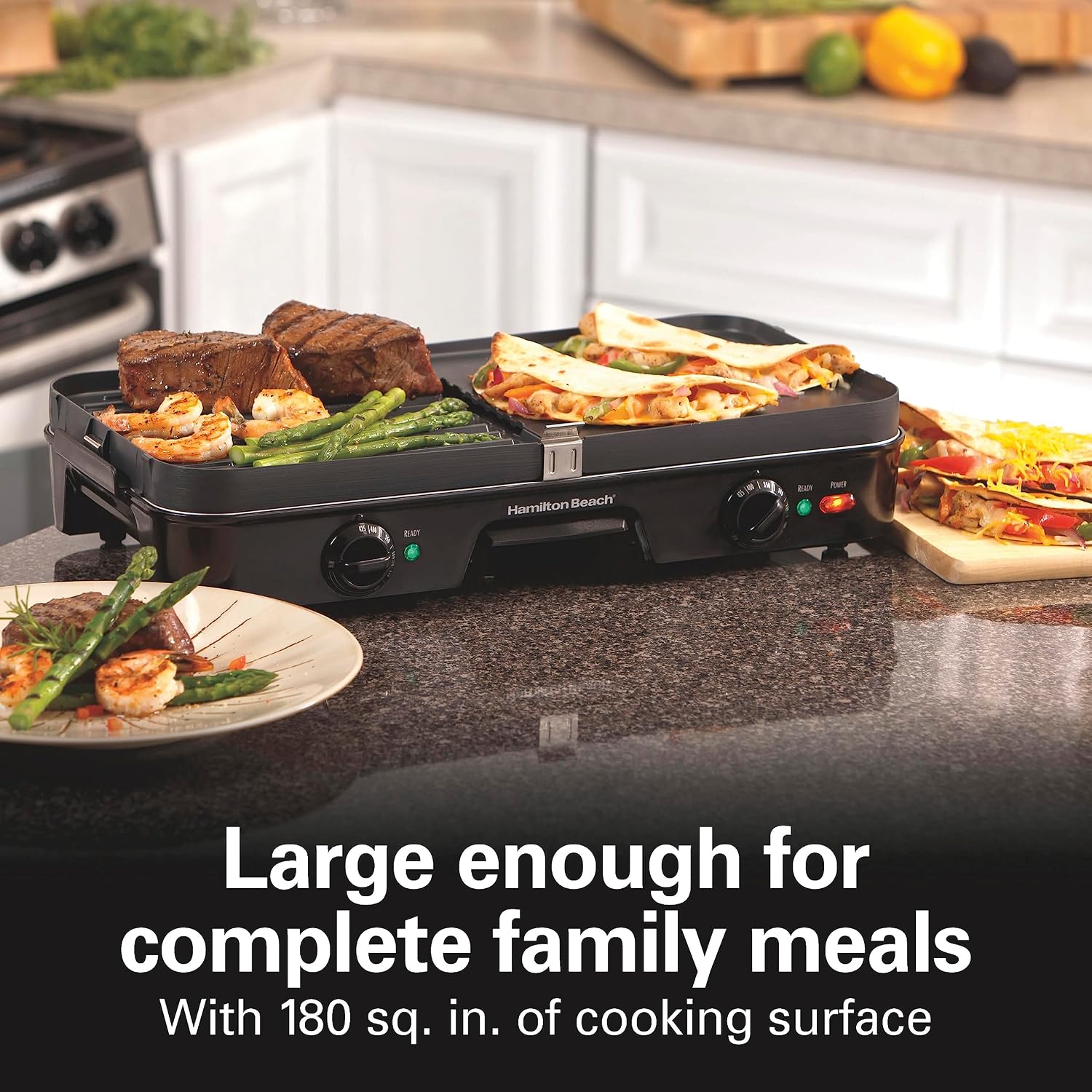 Plancha y Parrilla Eléctrica Hamilton Beach HB38546 3 en 1 – 1400W, Placas Reversibles y 2 Zonas de Cocción
