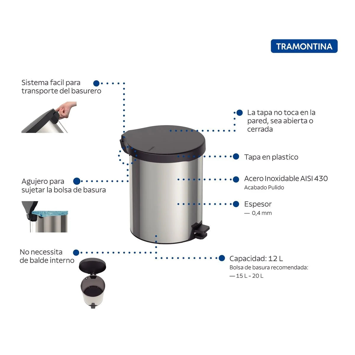 Basurero de Acero Inoxidable con Pedal de 12 Litros Tramontina 94538712