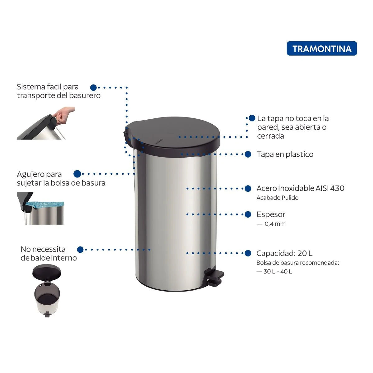 Basurero de Acero Inoxidable con Pedal de 20 Litros Tramontina 94538/720 TRAMONTINA