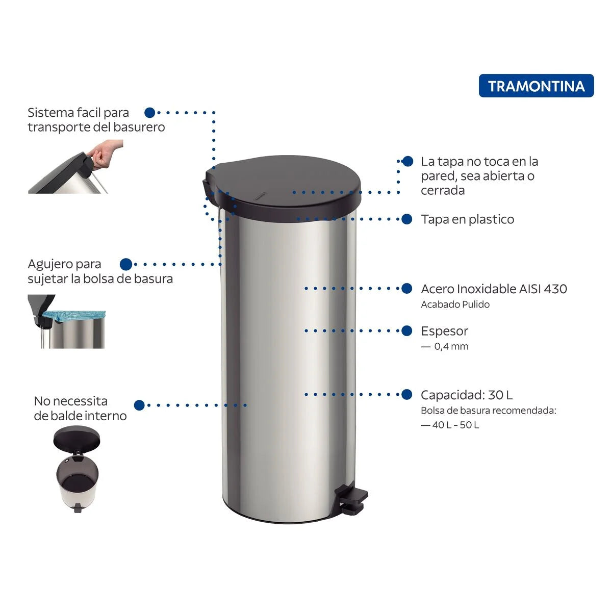 Basurero de Acero Inoxidable con Pedal 30 Litros Tramontina 94538730 TRAMONTINA