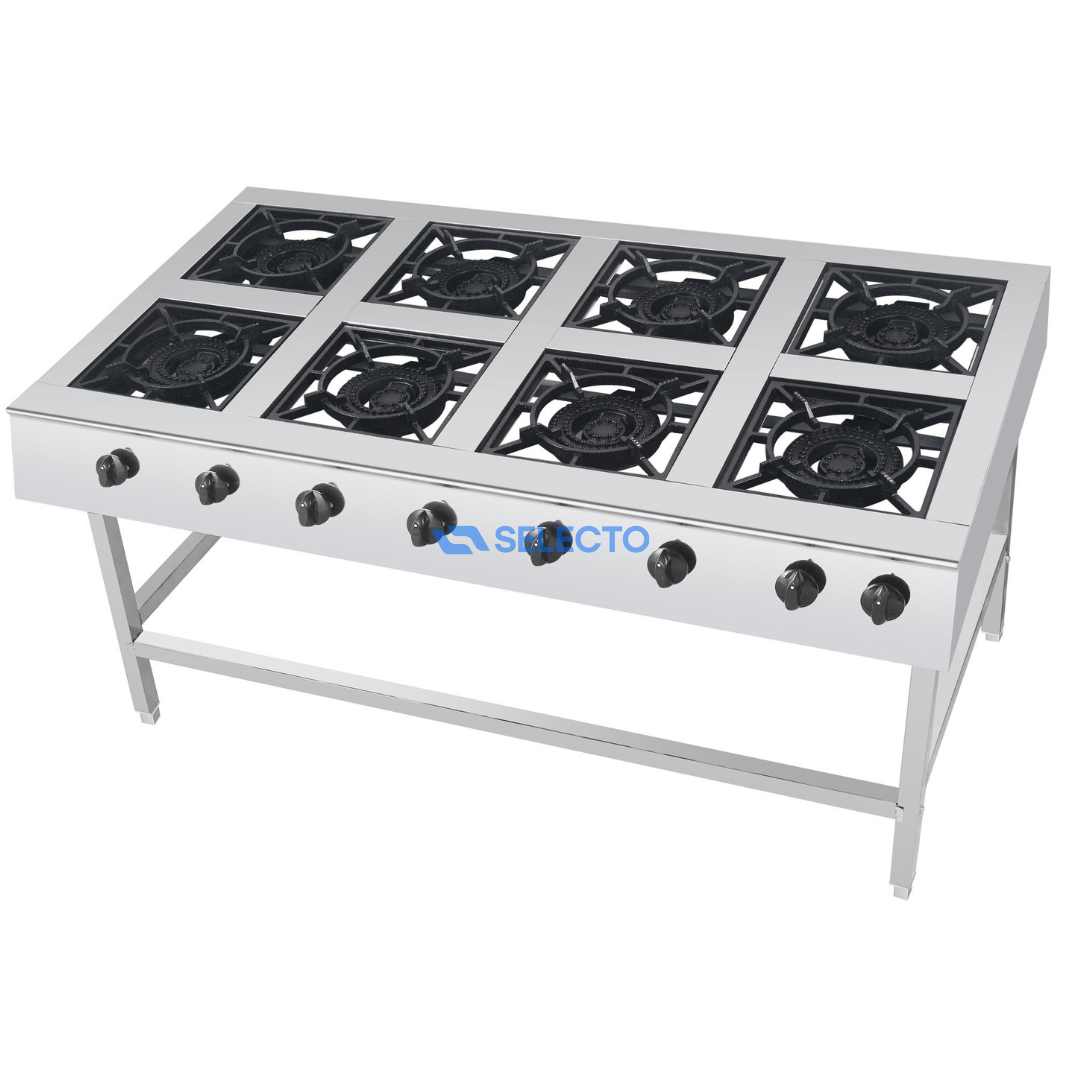 Estufa con Patas de Acero Inoxidable de 8 Quemadores a Gas de Hierro Colado AC-8 Selecto