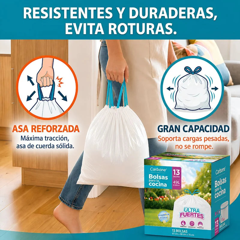 Bolsas De Basura Para Cocina Aromatizadas 13 Galones (49Lt) (160 Unds) Con Cordón Ajustable. Cartuchos Para Desechos Flexibles (62X68 Cm) Color Blanco AN42