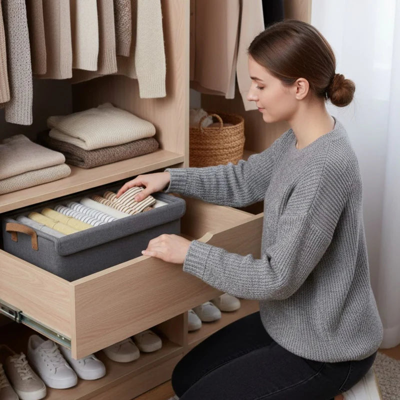 Caja Organizadora Con Tapa (47X28x20cm) Color Gris. Caja De Tela Plegable Para Almacenamiento. LT224