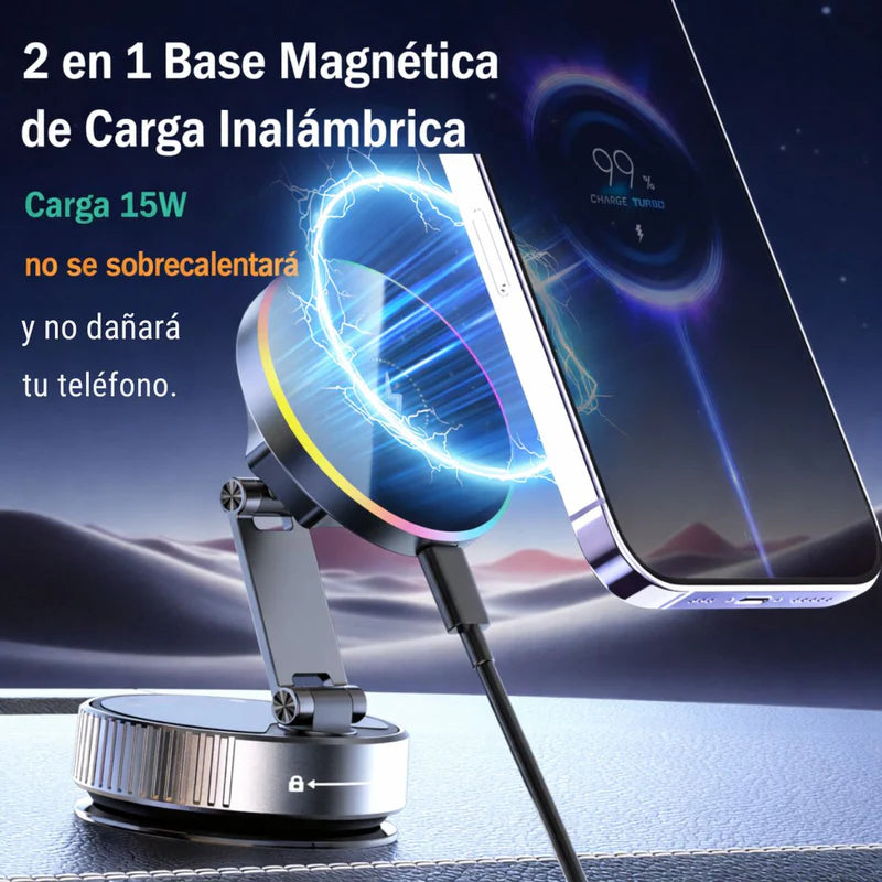 Soporte Magnético Para Celular Con Ventosa Manual Y Carga Inalámbrica 15W. Base Ajustable 360° Con Luz LED RGB Compatible Iphone Android LT836