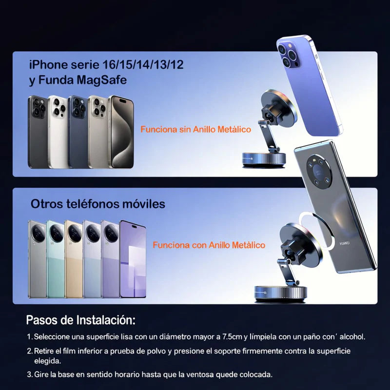 Soporte Magnético Para Celular Con Ventosa Manual Y Carga Inalámbrica 15W. Base Ajustable 360° Con Luz LED RGB Compatible Iphone Android LT836