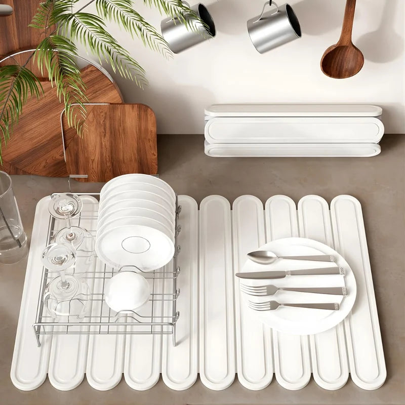 Tapete Diatomeas Diatomita Escurridor De Platos Plegable Enrollable (60X39cm). Base Absorbente Antideslizante Para Cocina. Color Blanco. LT851