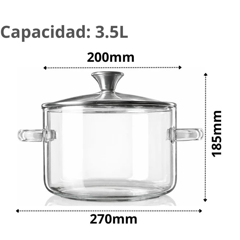 Olla De Vidrio Borosilicato Con Tapa Y Asas. Perilla Superior De Acero Inoxidable. Cacerola Transparente De 3500Ml (3.5L). Apta Para Estufa, Microondas Y Horno. LT887