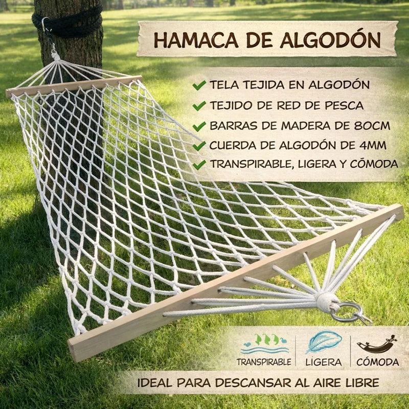 Hamaca Colgante De Algodón Con De Madera Maciza. Chinchorro De Malla Tipo Red De Pesca (200 X 80Cm) Transpirable Para Jardín Y Exterior. LT921