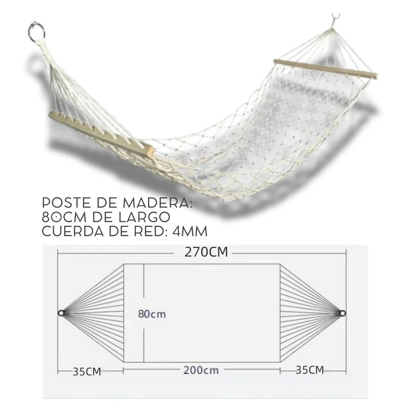 Hamaca Colgante De Algodón Con De Madera Maciza. Chinchorro De Malla Tipo Red De Pesca (200 X 80Cm) Transpirable Para Jardín Y Exterior. LT921