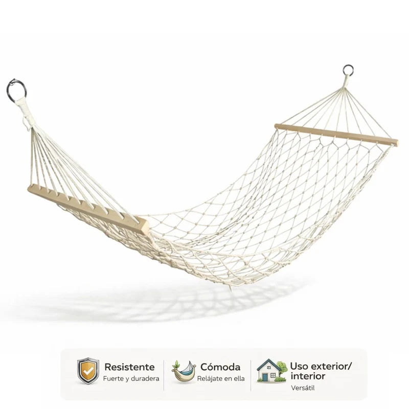 Hamaca Colgante De Algodón Con De Madera Maciza. Chinchorro De Malla Tipo Red De Pesca (200 X 80Cm) Transpirable Para Jardín Y Exterior. LT921