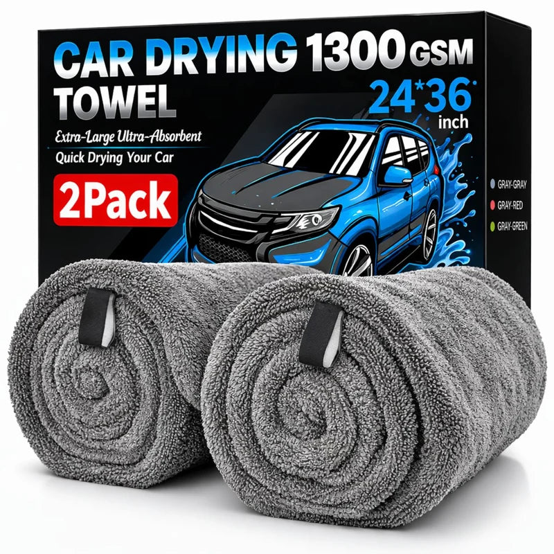 Toalla Paño De Microfibra Ultra Absorbente Para Secado De Autos Gruesa 1300 GSM. Paño De Secado Automotriz 60×90 Cm (24×36"). Color Gris. LT938