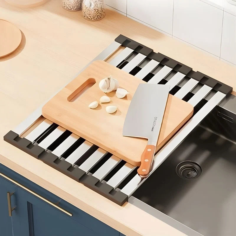 Escurridor Enrollable Para Fregador De Cocina (55×32.5Cm). Acero Inoxidable 304. Rejilla Plegable Multifuncional. LT957