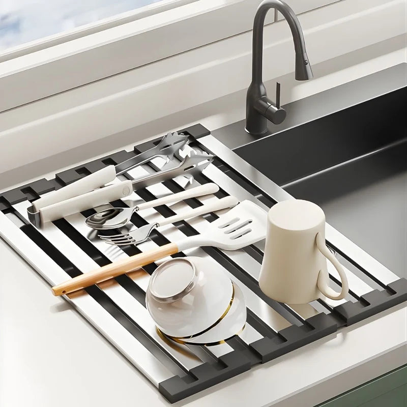 Escurridor Enrollable Para Fregador De Cocina (55×32.5Cm). Acero Inoxidable 304. Rejilla Plegable Multifuncional. LT957
