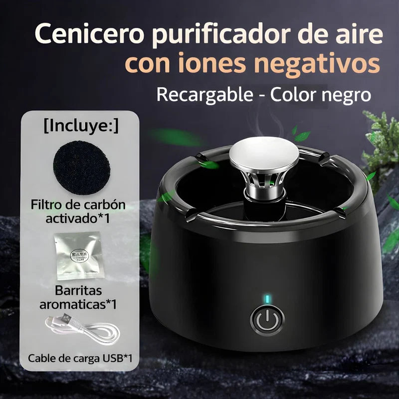 Cenicero Purificador De Aire Con Iones Negativos Recargable Con Filtro De Carbón Activado. Cenicero Eléctrico Extractor De Humo. Color Negro. LT970