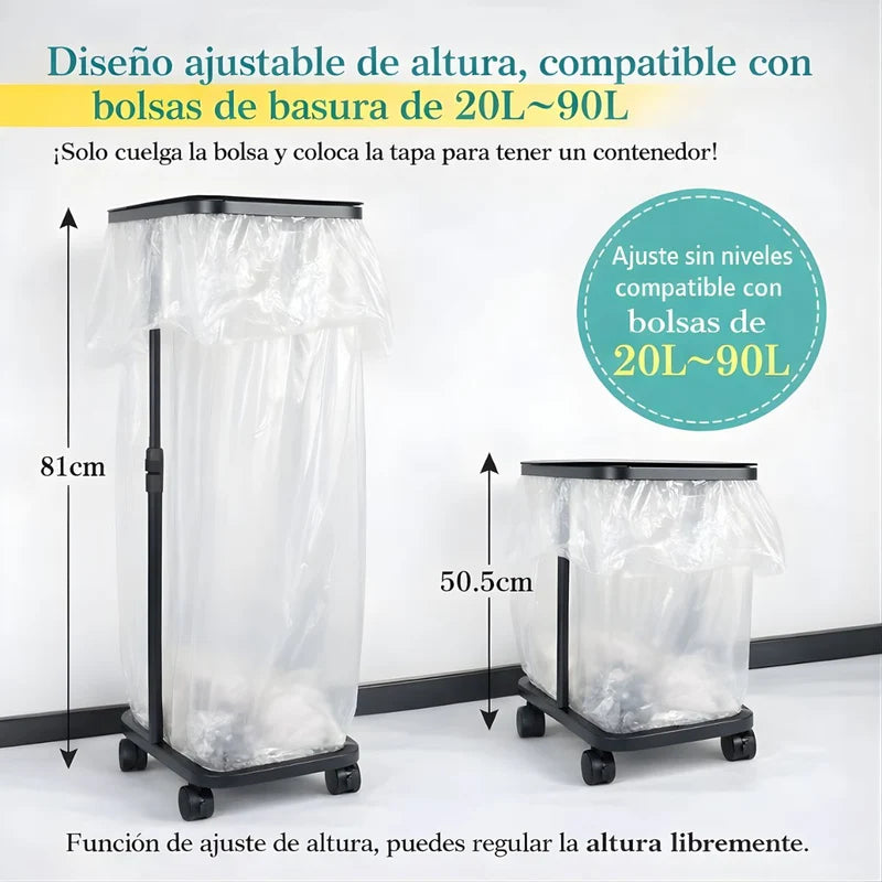 Basurero Ajustable Con Tapa Y Ruedas (60X33x22cm). Bote De Basura Para Bolsas De 20L A 90L. Papelera. Color Negro. UR112