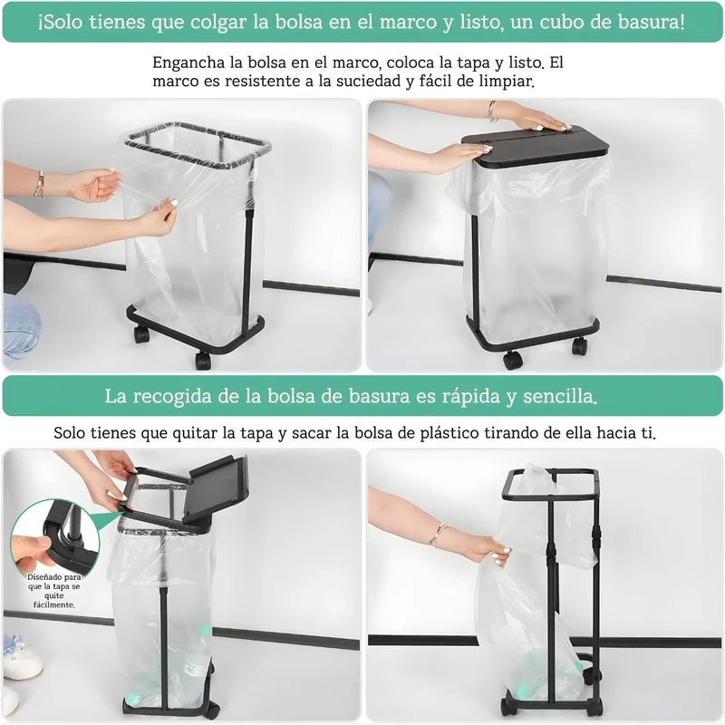 Basurero Ajustable Con Tapa Y Ruedas (60X33x22cm). Bote De Basura Para Bolsas De 20L A 90L. Papelera. Color Negro. UR112