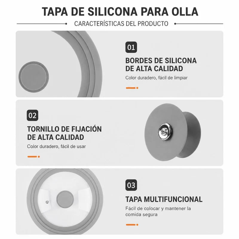 Tapa Universal De Silicona Para Ollas Y Sartenes (20-22-24Cm) De Vidrio Y Silicona BPA Free. Tapa Antiderrame Reutilizable Para Paila Sartén, Caldero Y Cacerola. Color Gris. UR180