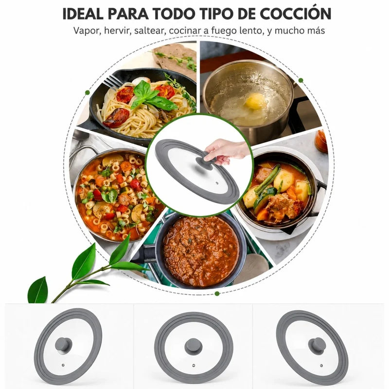 Tapa Universal De Silicona Para Ollas Y Sartenes (20-22-24Cm) De Vidrio Y Silicona BPA Free. Tapa Antiderrame Reutilizable Para Paila Sartén, Caldero Y Cacerola. Color Gris. UR180