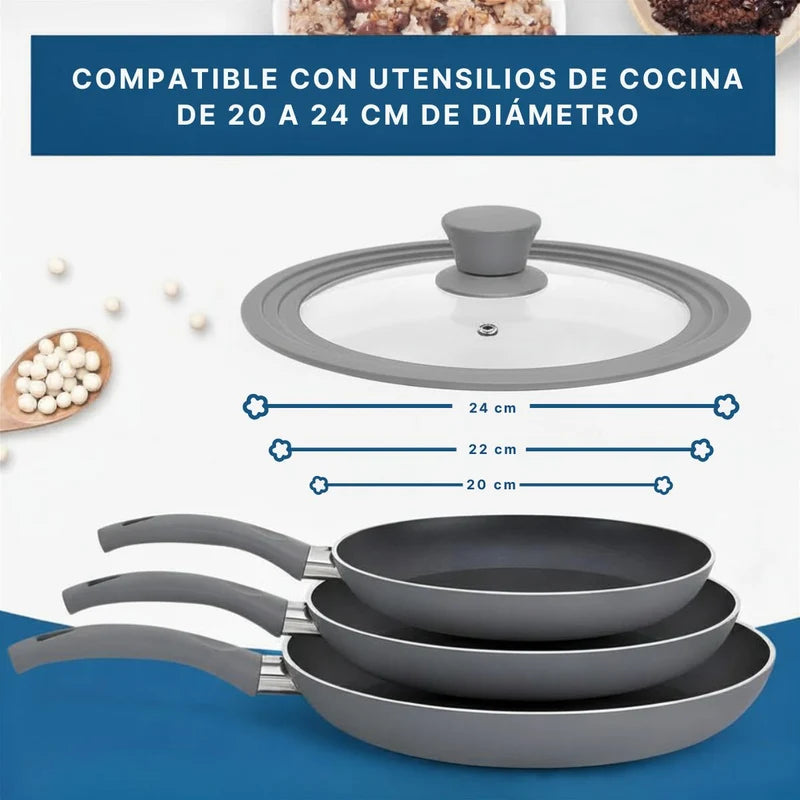Tapa Universal De Silicona Para Ollas Y Sartenes (20-22-24Cm) De Vidrio Y Silicona BPA Free. Tapa Antiderrame Reutilizable Para Paila Sartén, Caldero Y Cacerola. Color Gris. UR180