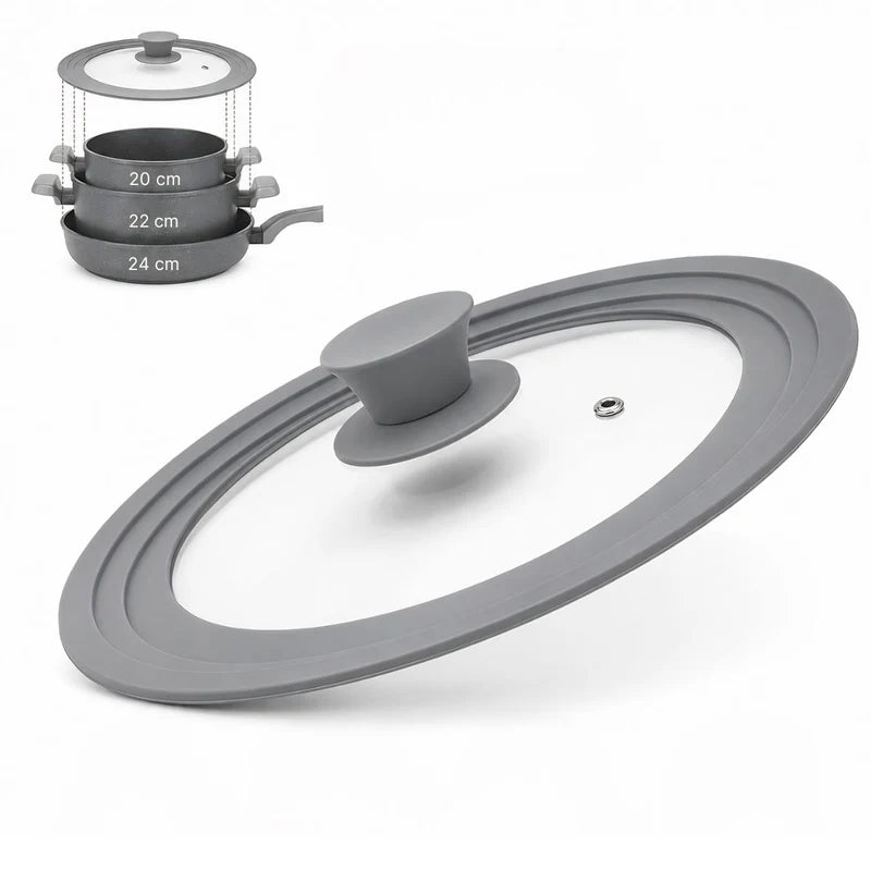 Tapa Universal De Silicona Para Ollas Y Sartenes (20-22-24Cm) De Vidrio Y Silicona BPA Free. Tapa Antiderrame Reutilizable Para Paila Sartén, Caldero Y Cacerola. Color Gris. UR180