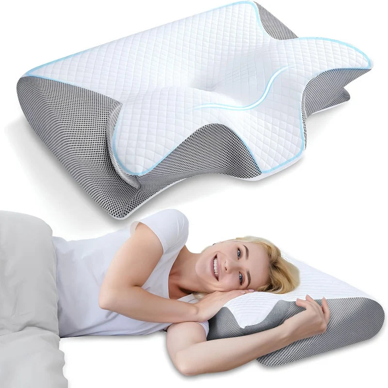 Almohada Cervical Ortopédica Memory Foam Mariposa. Cojín Ergonómico Para Dormir Antirronquido Con Funda Transpirable (62X37x12cm) UR182
