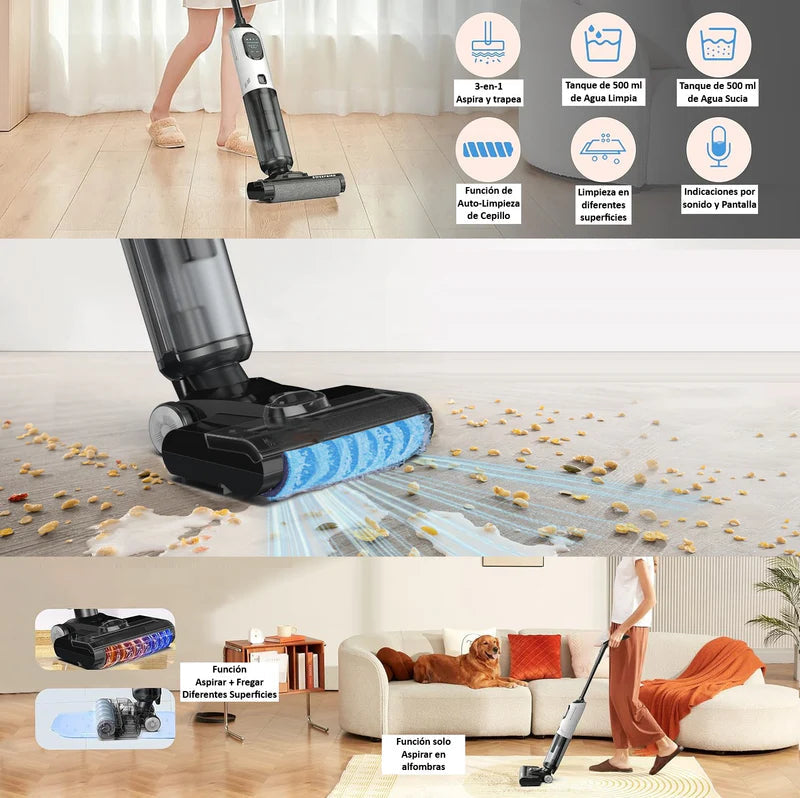 Trapeador Fregona Mopa Aspiradora Electrica Inteligente Inalámbrica Recargable, Mopea Y Aspira, Agua Seco Y Húmedo 170W Batería 2600 Mah Función De Autolimpieza VCMSNM306 CARBONE