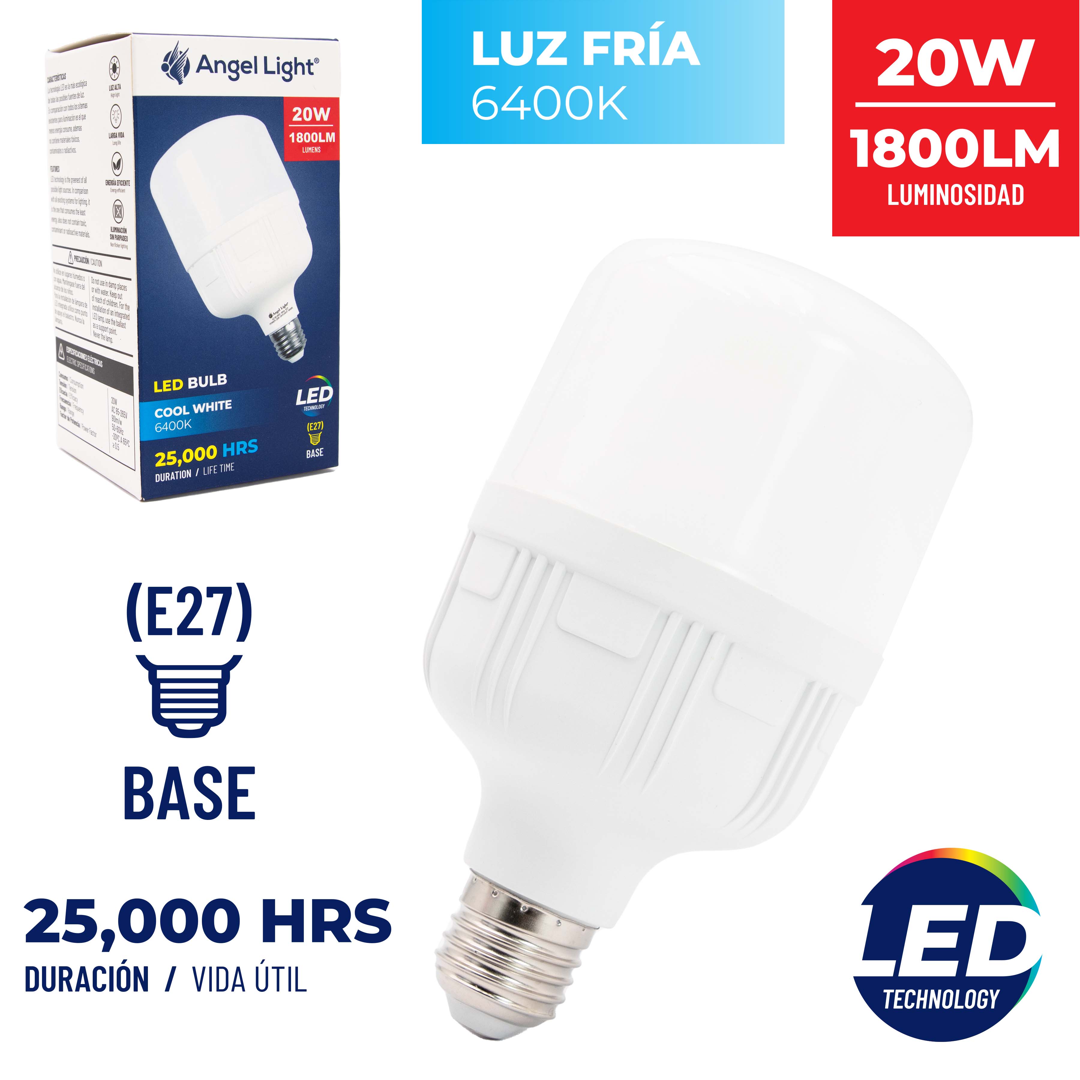 Bombillo LED Tipo Cilindro 20W Luz Fría Angel Light A105-GFS-20W