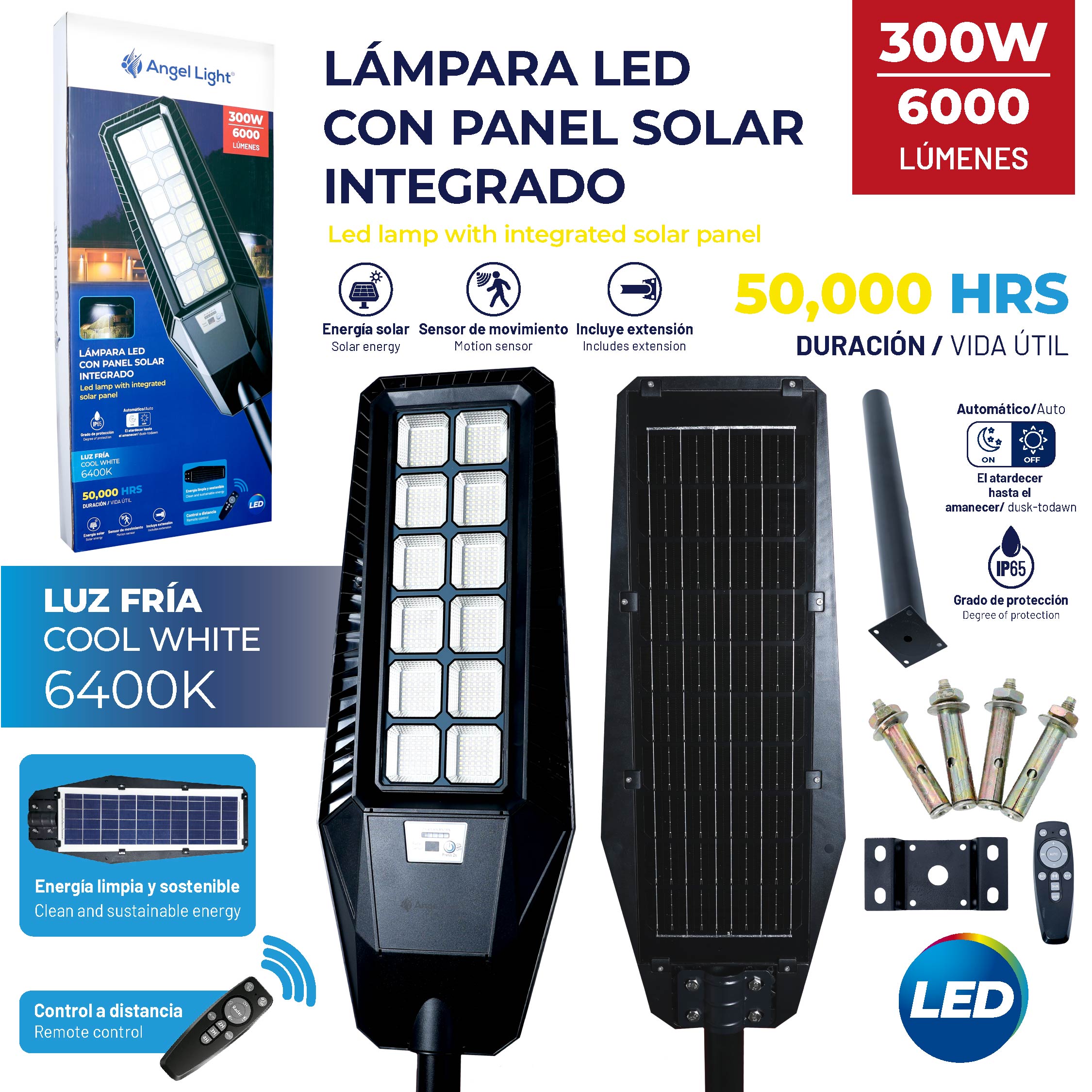 Lámpara LED Solar Angel Light 300W con Panel Solar Integrado, Sensor de Movimiento y Control Remoto A105-GSD-300W