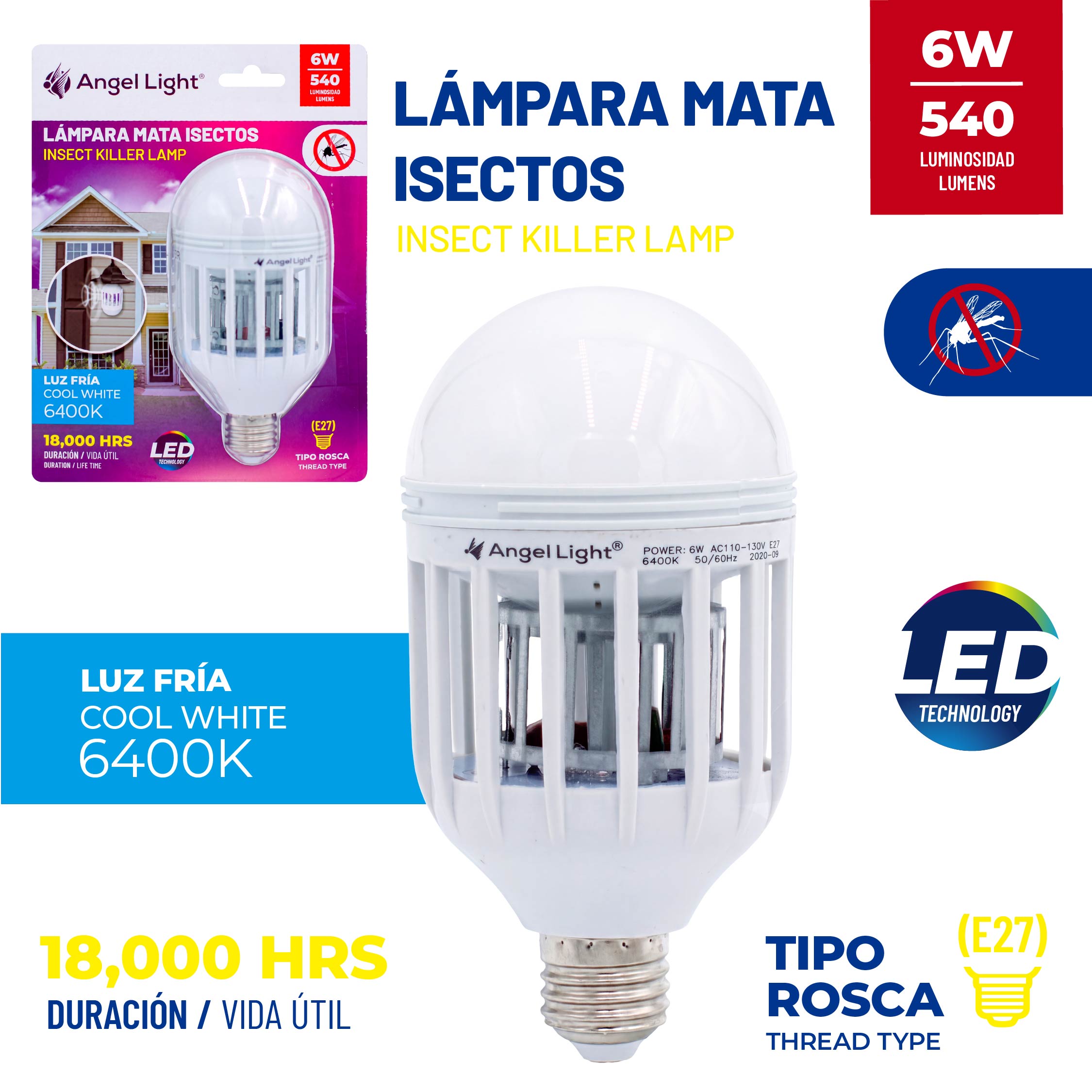 Lámpara Mata Insectos LED 6W Angel Light | Rosca E27 Luz Fría 6400K A105-LMSK-6W Foco. Mosquito. Mosca.