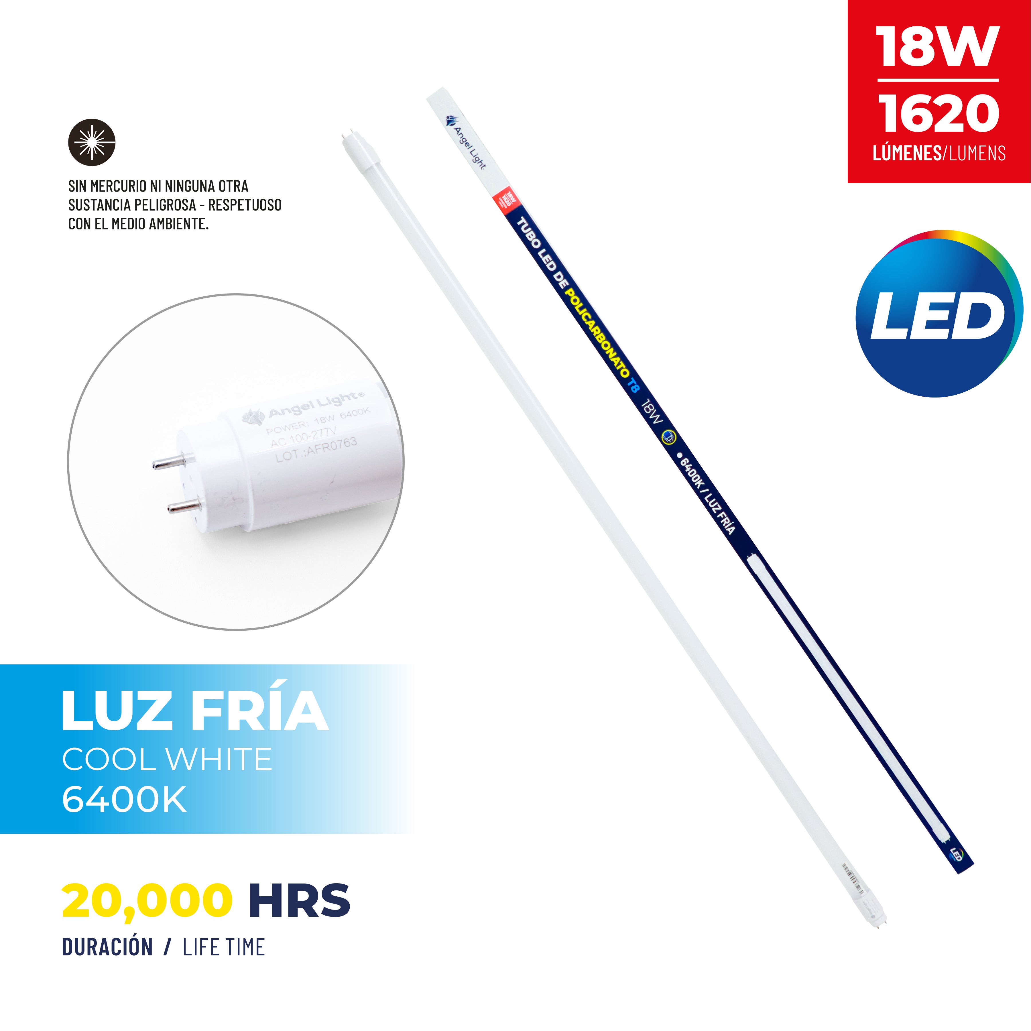 Lampara de Tubo LED 18W T8-120cm Luz Fría Angel Light A105-T8-1200PC