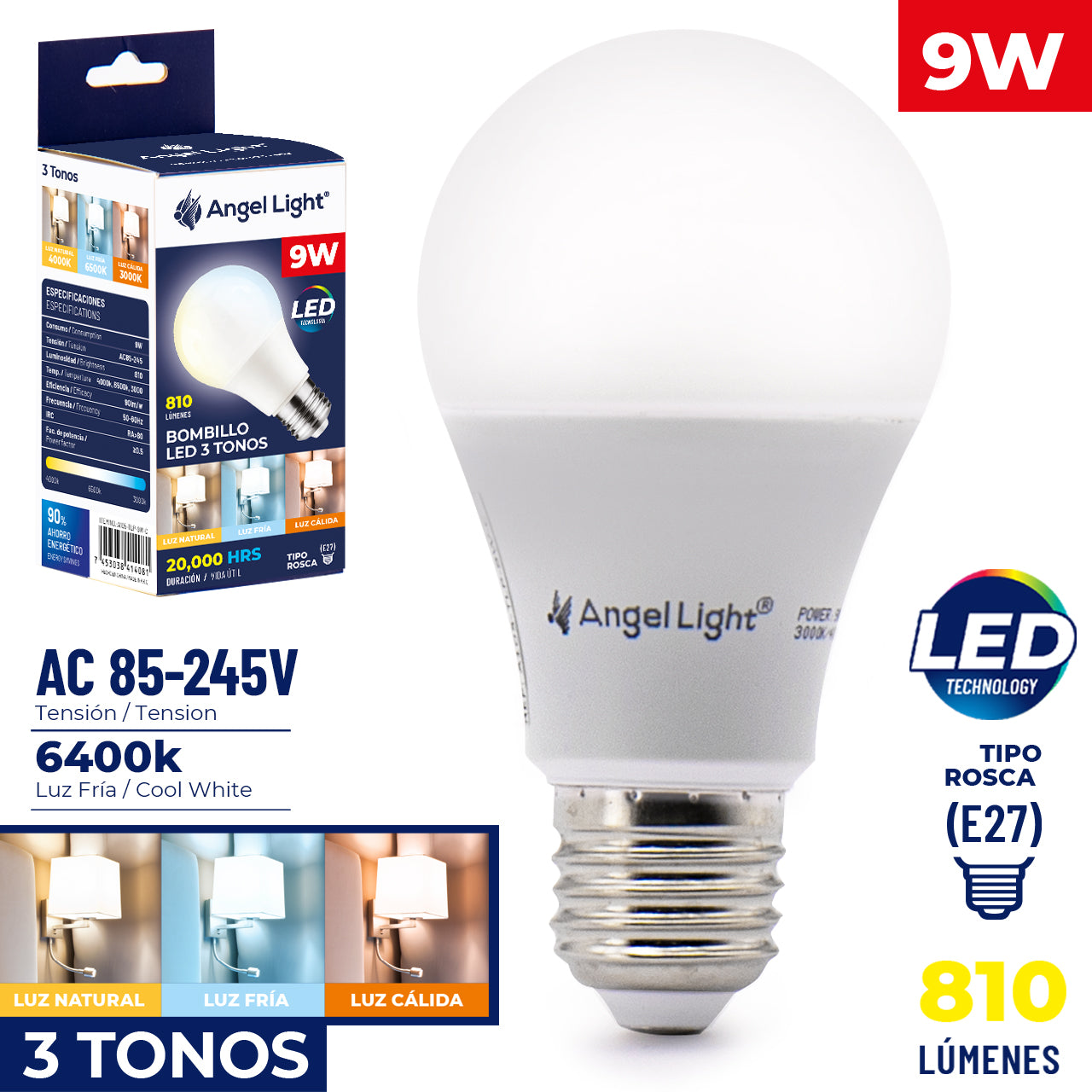 Bombillo LED 3 Tonos 9W Angel Light A105-TLP-9W-C