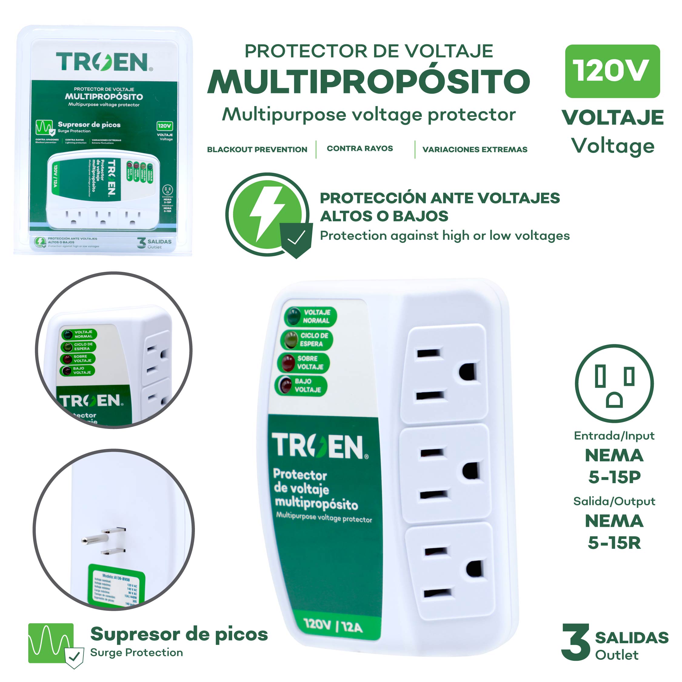 (LLEGANDO 3 DE JULIO) Protector de Voltaje Multipropósito TROEN 120V 12A con 3 Salidas y Supresor de Picos A136-BV08