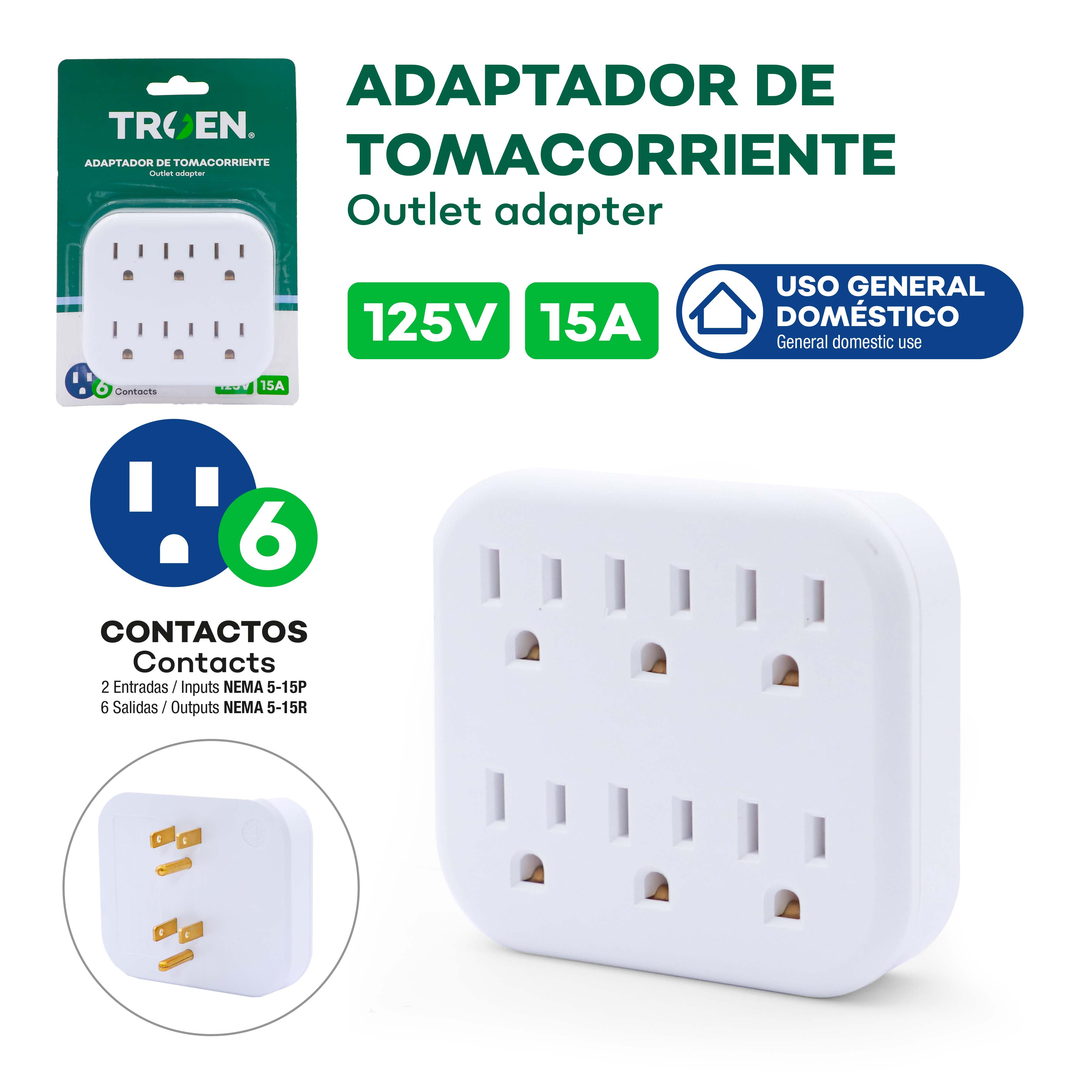 Adaptador de Toma Corriente de 6 Salidas 125V TROEN A136-KT26 Regleta. TROEN