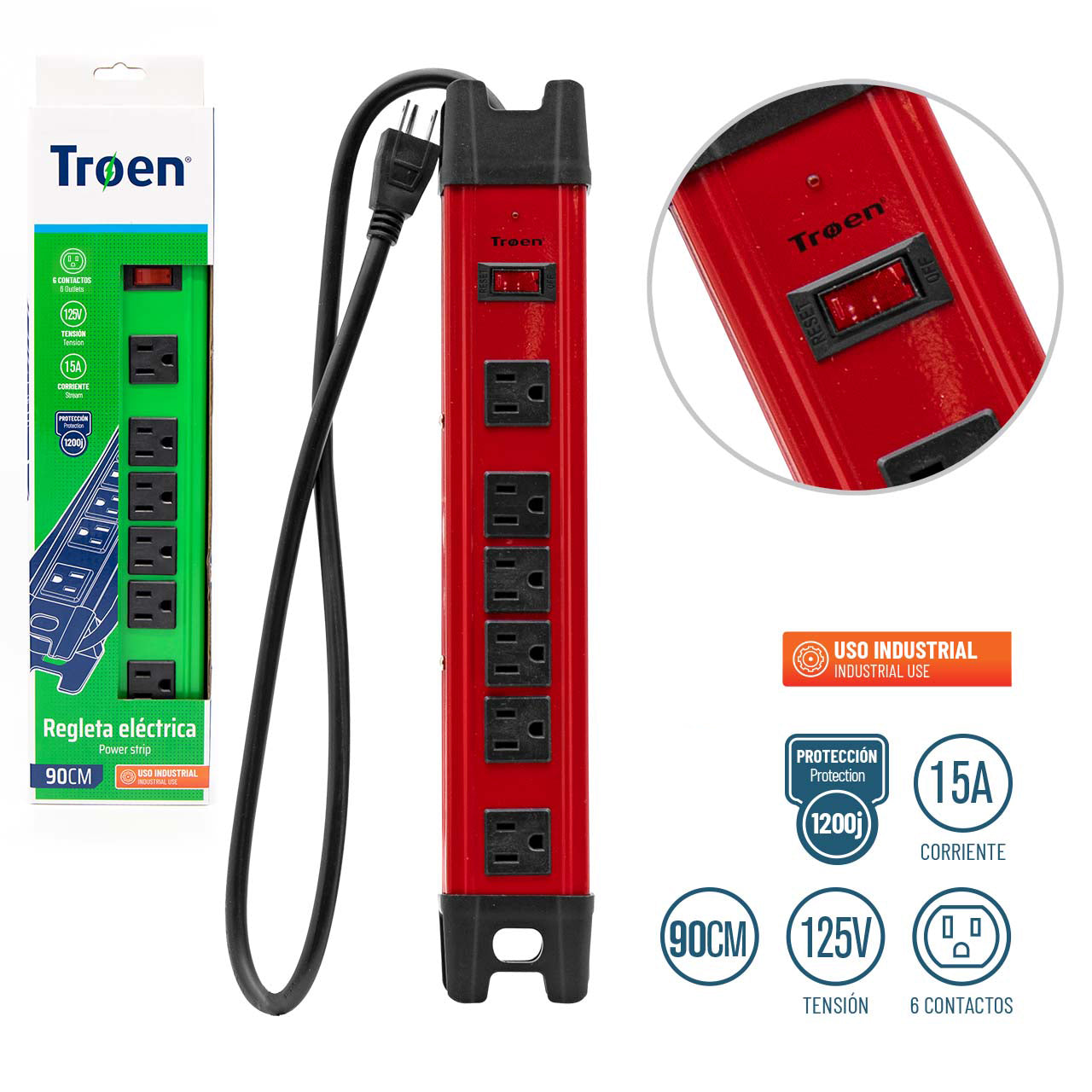 Regleta Eléctrica Metálica de 6 Capacidades 90cm TROEN A136-S013 TROEN