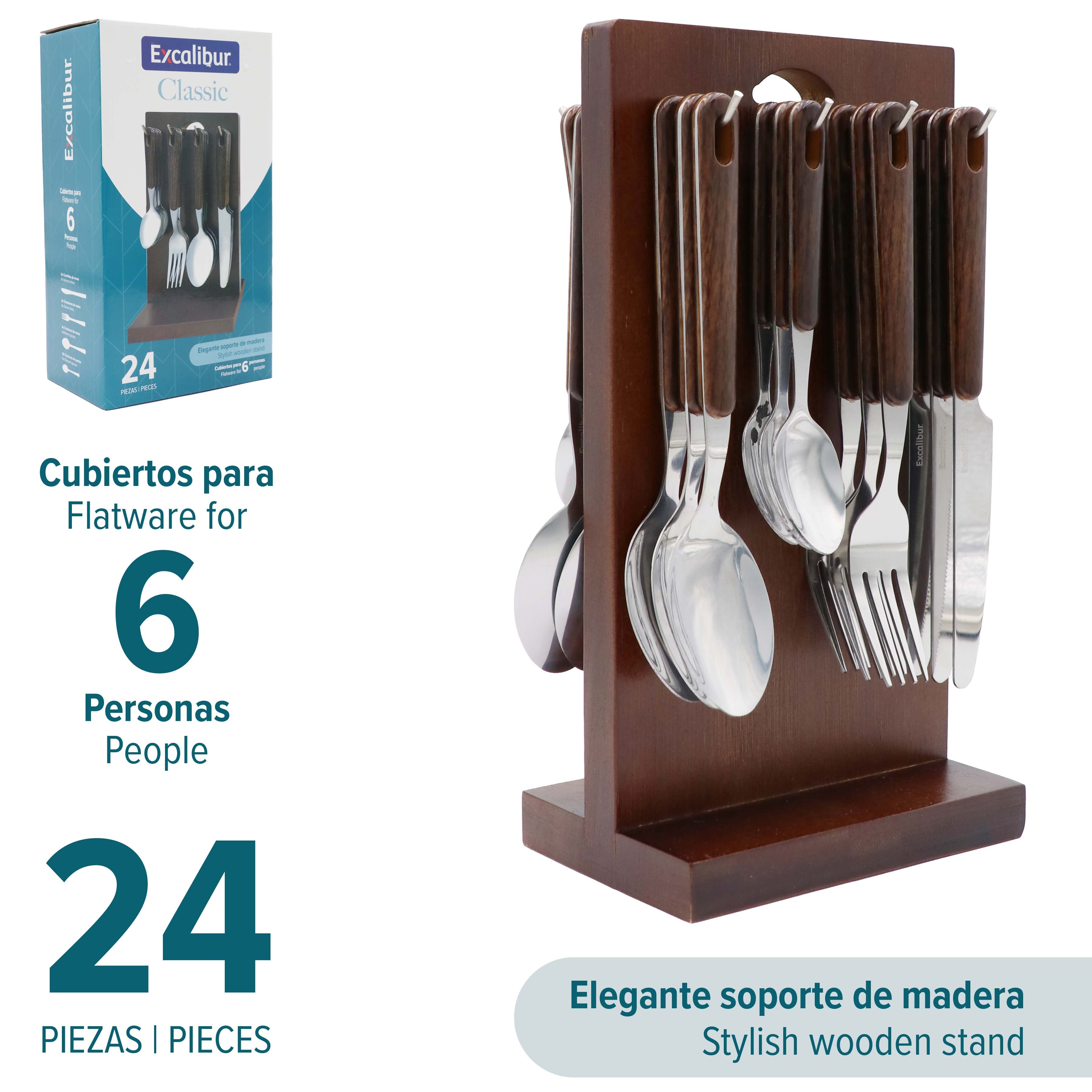 Set 24 Cubiertos de Acero Inoxidable con Madera Excalibur A151-D2339-24 EXCALIBUR