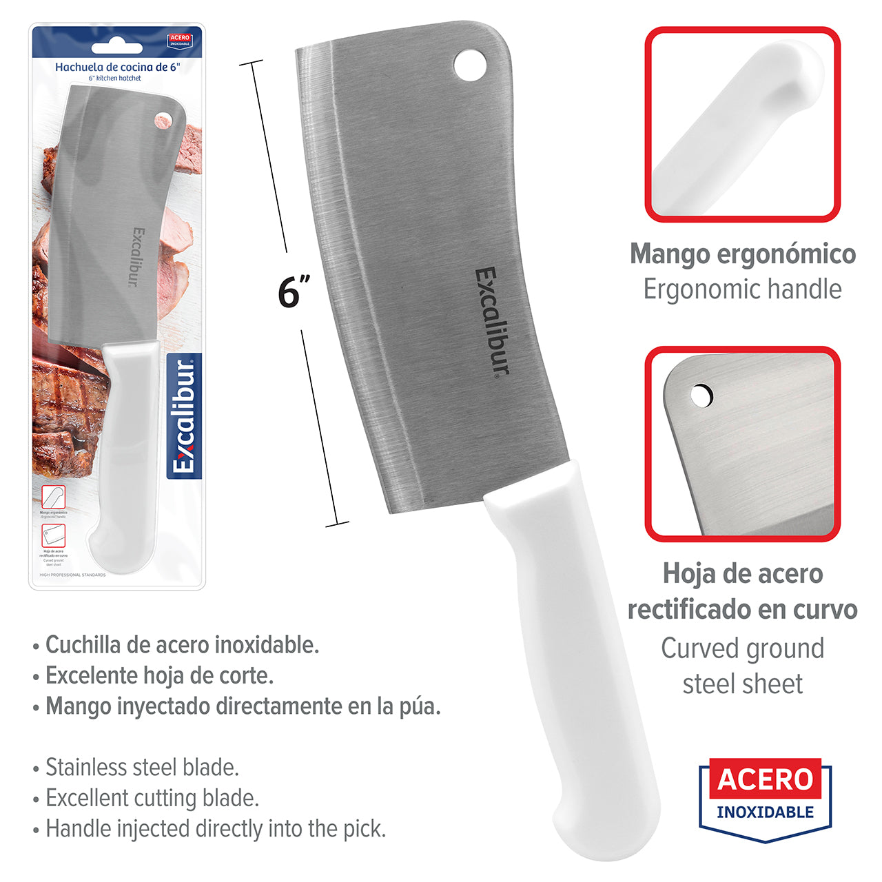 Hacha Pequeña de Acero Inoxidable Mango Plástico 6" Excalibur A151-KF2001