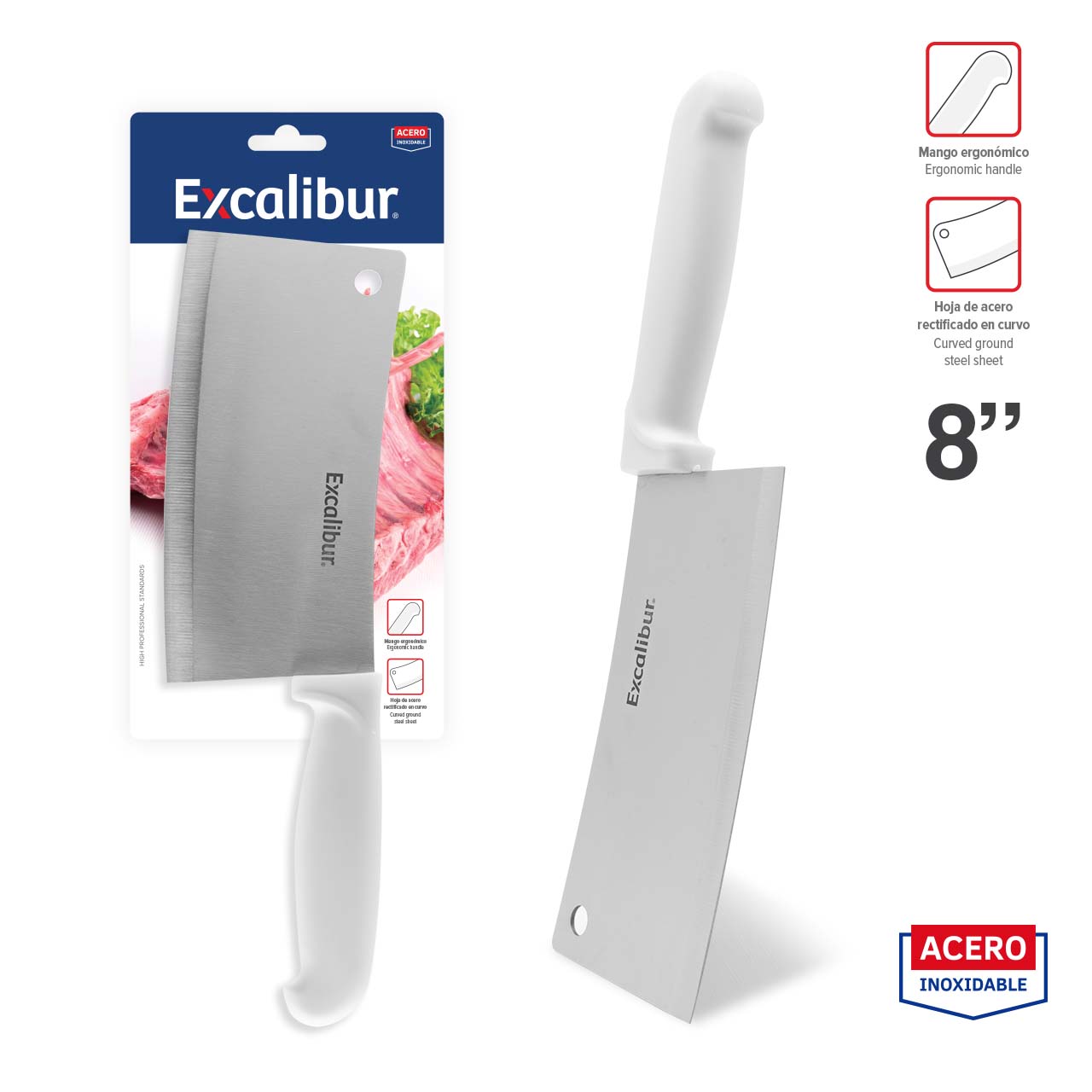 Hacha para Cocina de Acero Inoxidable Mango de Plástico 8" Excalibur A151-KF2002 EXCALIBUR