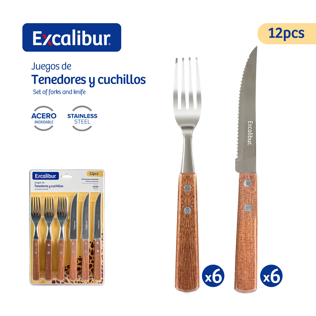 (LLEGANDO 5 DE JUNIO) Set 12 Cubiertos (Tenedor + Cuchillo) de Acero Inoxidable con Mango de Madera Excalibur A151-KF2302-12