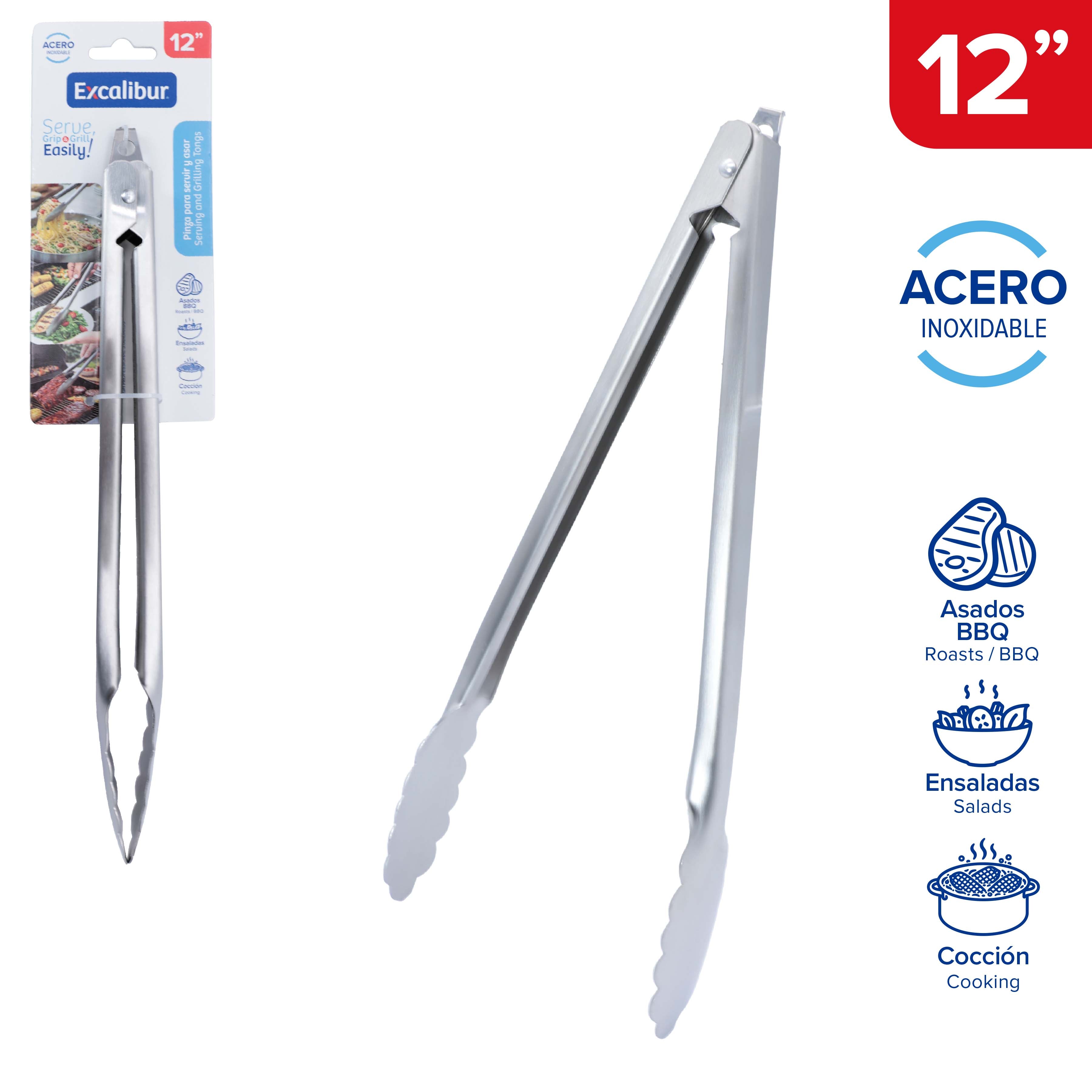 Pinza Tenaza de Cocina Excalibur 12" de Acero Inoxidable | Multiusos para BBQ, Cocina y Servicio | A151-KT1935