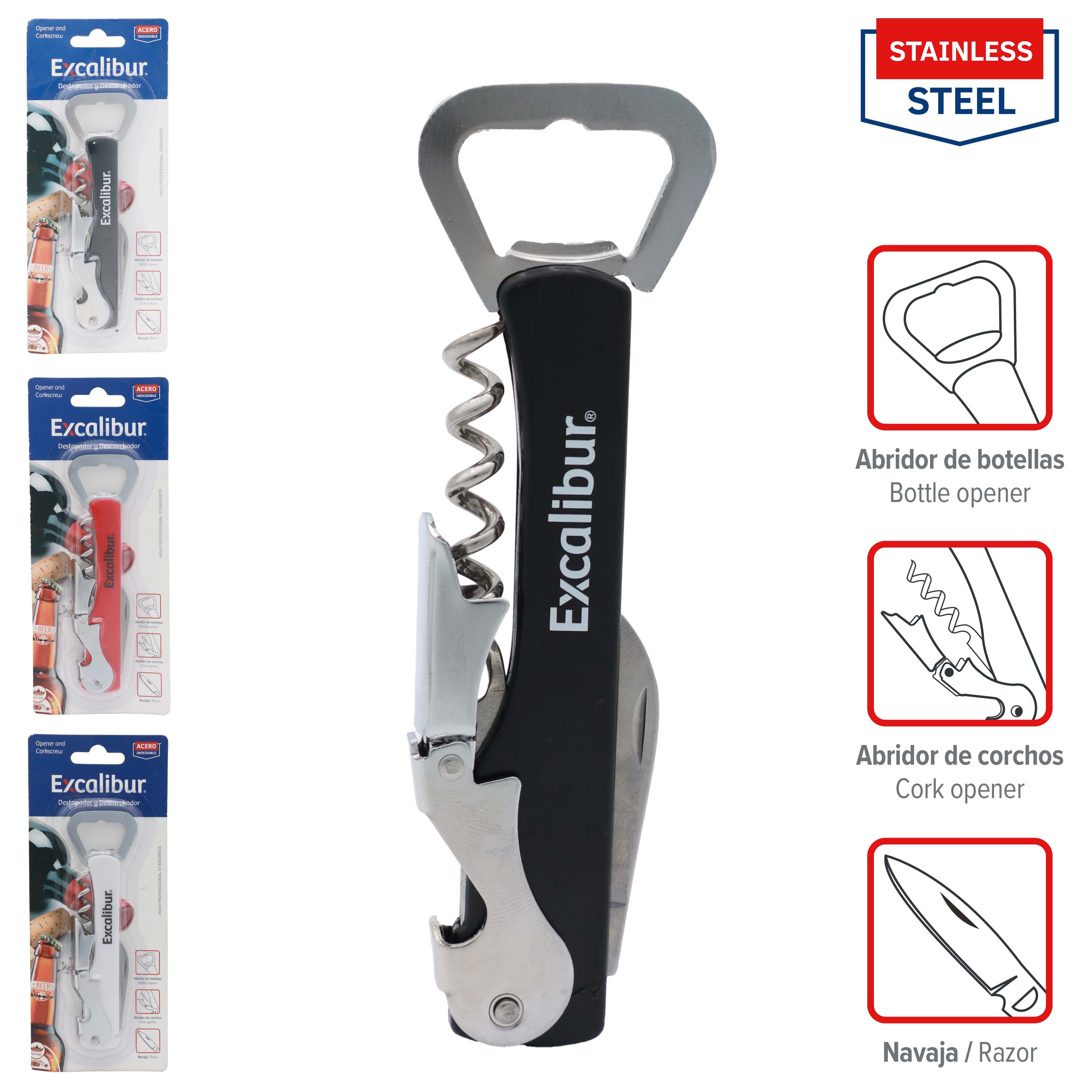 Abridor de Sodas y Saca Corcho de Acero Inoxidable Excalibur A151-KT2005