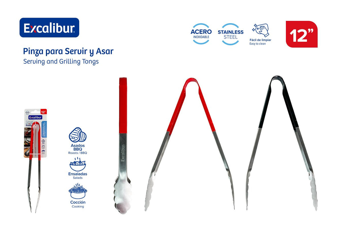 Pinza Tenaza para Servir y Asar 12" de Acero Inoxidable para BBQ, Parrilla, Cocina y Ensaladas Excalibur A151-KT2009-12