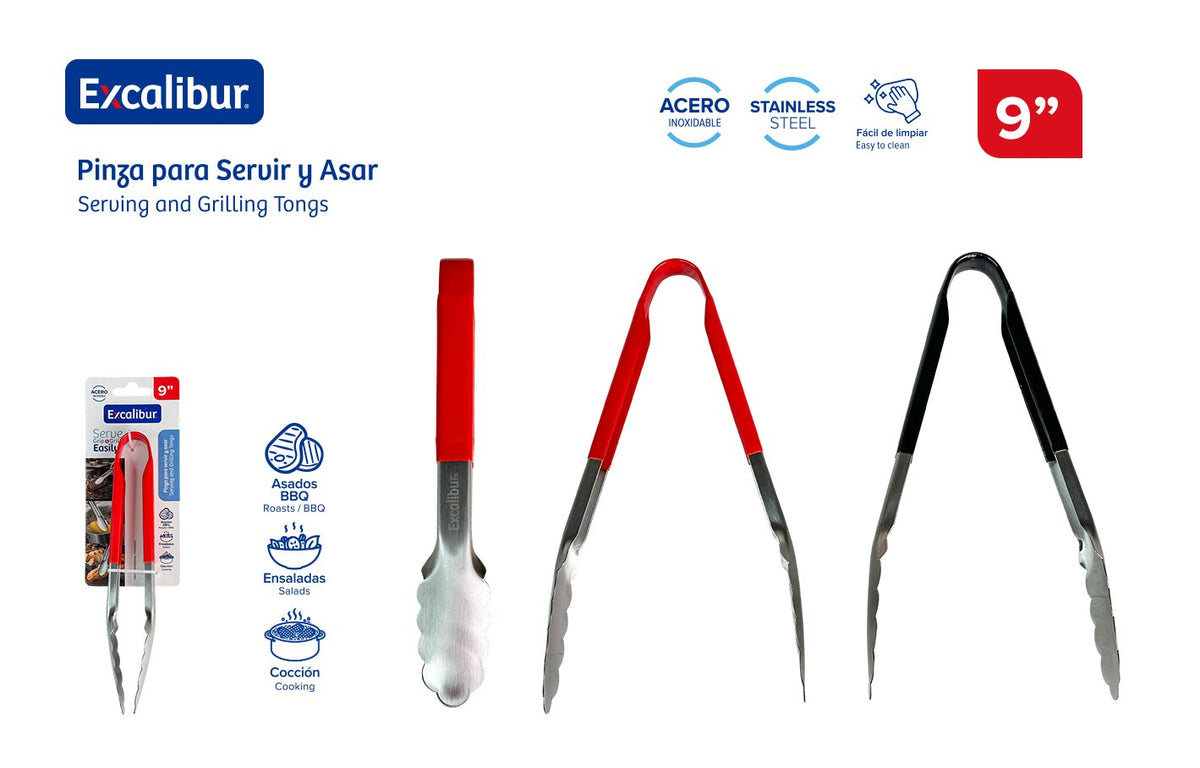 Pinza Tenaza para Servir y Asar 9" de Acero Inoxidable para BBQ, Cocina y Ensaladas Excalibur A151-KT2009-9