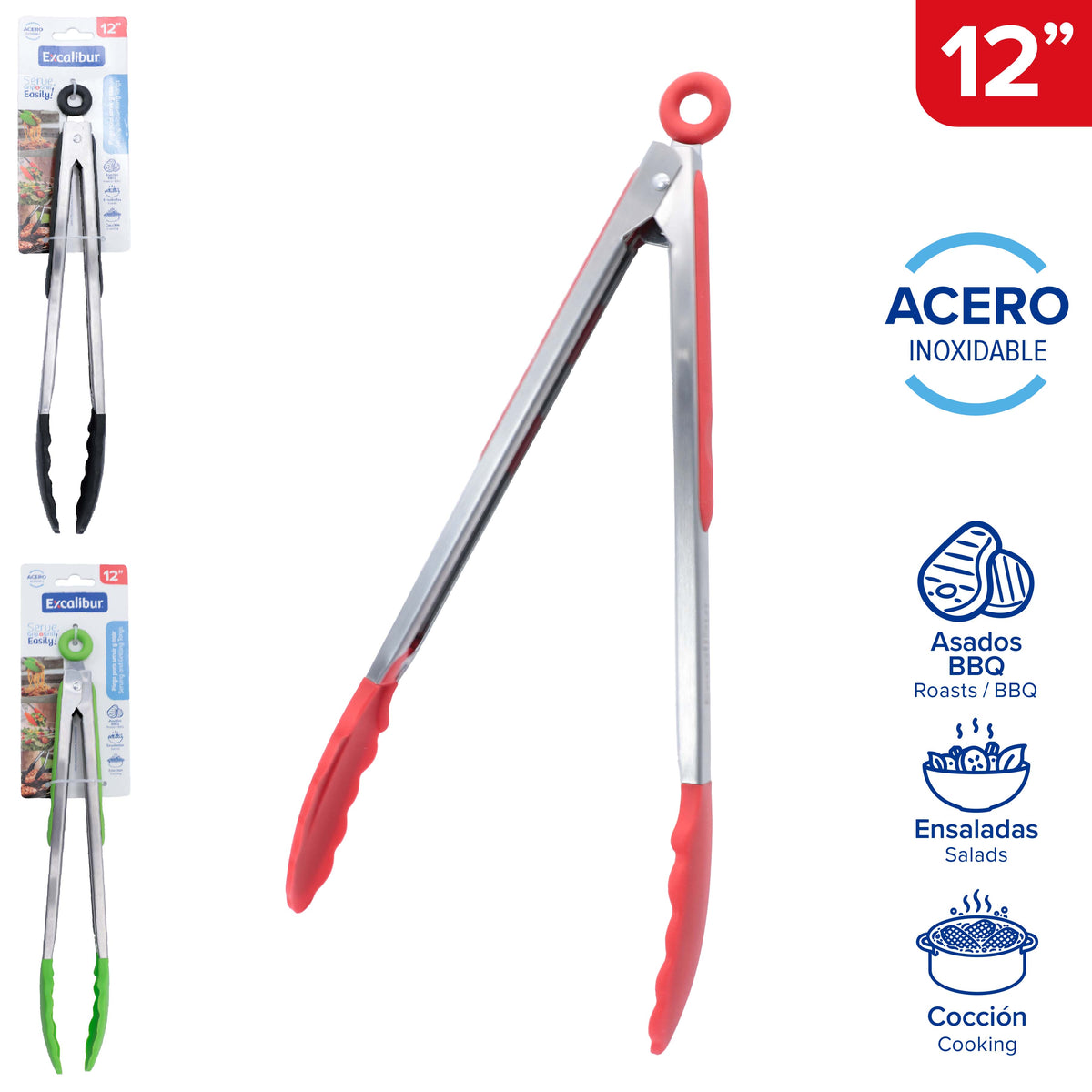 Pinza Tenaza de Cocina Excalibur 12" de Acero Inoxidable con Puntas de Silicona | BBQ y Cocina | A151-KT2107-12