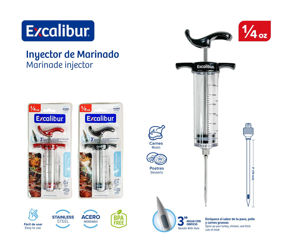 Inyector de Marinados para Carnes, Pollo y Pavo 1/4 oz con Aguja de Acero Inoxidable 3" Excalibur A151-KT2203