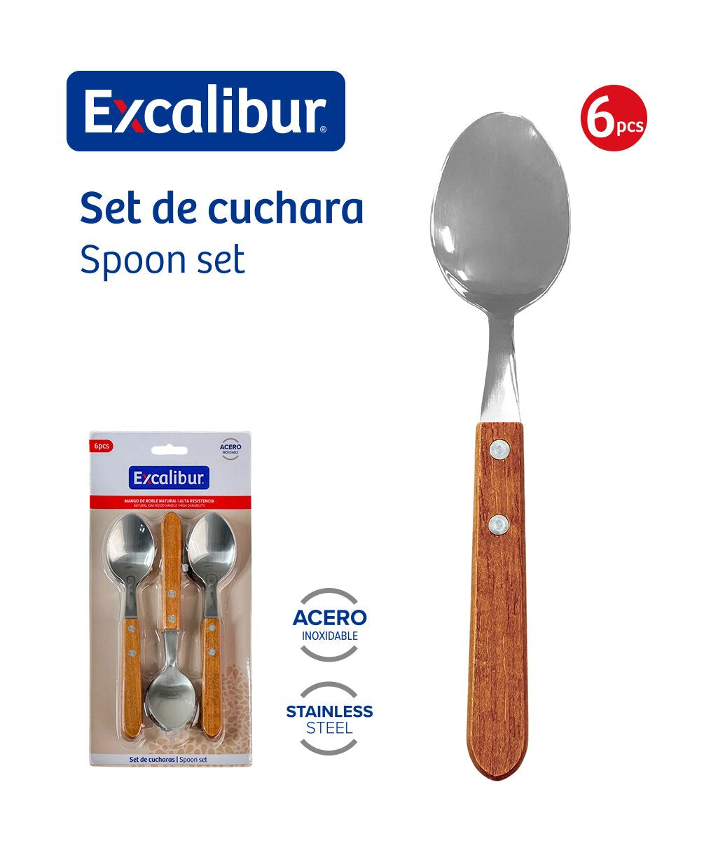 (LLEGANDO 5 DE JUNIO) Set 6 Cucharas de Acero Inoxidable con Mango de Madera Excalibur A151-SP2402B
