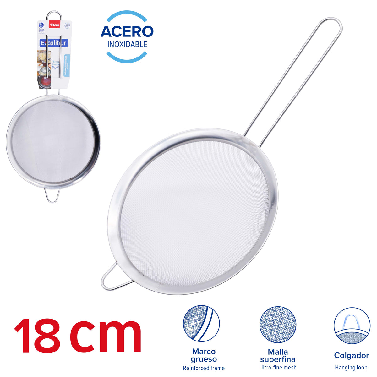 (LLEGANDO 25 DE SEPT) Colador Tamizador de Acero Inoxidable 18 cm con Malla Superfina y Mango para Cocina Excalibur A151-ST9-18